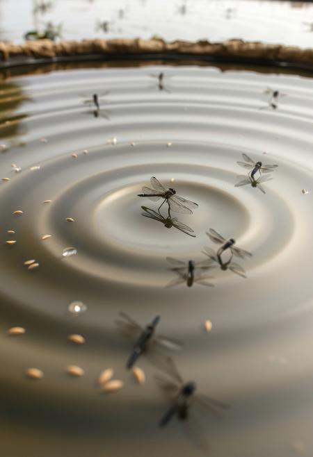 A meditative pond installation, its surface broken by concentric rings of water dotted with floating seeds and magnified reflections of dragonflies., minimalist land art, macro nature detail, sculptural geometry, organic textures, natural materiality, reflective surfaces, quiet precision, intimate scale, large-scale environmental design, ephemeral beauty, architectural minimalism, magnified nature, poetic stillness, spatial harmony, dewdrops and light, elemental composition, biomorphic abstraction, micro-macro contrast, contemplative atmosphere, earth-toned palette