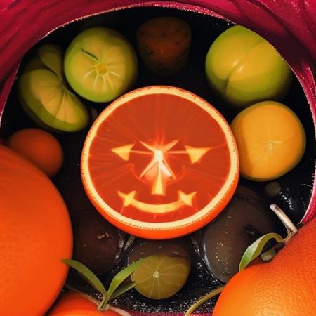 image of the branches of an orange tree. Five oranges cut out with Jack O'Lanter faces with a candle flame inside. Between the branches cobwebs with drops of dew forming the words “Scary Halloween.”