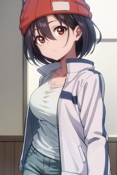 fuukoizumo, <lora:fuukoizumo-lora-nochekaiser:1>,
fuuko izumo, black hair, hair between eyes, (brown eyes:1.5), short hair,
BREAK shirt, white shirt, jacket, open jacket, pants, denim, beanie, (red beanie:1.2),
BREAK looking at viewer,
BREAK indoors, classroom, (cowboy shot:1.5),
BREAK <lyco:GoodHands-beta2:1>, (masterpiece:1.2), best quality, high resolution, unity 8k wallpaper, (illustration:0.8), (beautiful detailed eyes:1.6), extremely detailed face, perfect lighting, extremely detailed CG, (perfect hands, perfect anatomy),