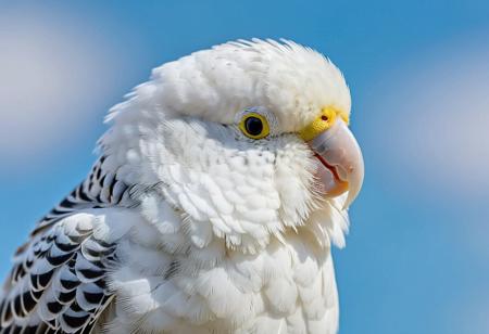portrait, masterpiece, 4k, ray tracing, intricate details, highly detailed, hyper realistic, 8k RAW editorial photo.
a cute white budgie, head tilted and slightly blinking. The budgie's feathers should be soft and fluffy, the background should be a blue sky, dramatic light, shallow depth of field, high budget,
