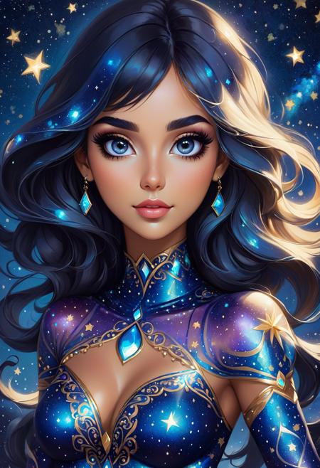 digital art, cartoon style, upper body of a beautiful woman, glittery arabesque patterned body paint, starry sky background, perfect face, large cartoon eyes,  <lora:aesthetic_anime_v1s:1>