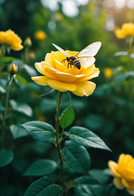 UHD, 4k, ultra detailed, cinematic, a photograph of  <lora:cinematic c41 film style xl v1:1>
cinematic c41 film style a yellow rose with a bee on it, perfect image, perfect body, perfect anatomy, sharp image, detailed image, high quality photography, dramatic light style, cinematic background, cinematic contrast, cinematic saturation, cinematic c41 film style, flower, outdoors, blurry, no humans, blurry background, depth of field, bug, butterfly, yellow flower, wings, leaf, white flower, insect wings, bokeh, bee
, epic, beautiful lighting, inpsiring