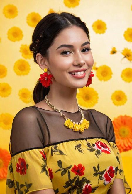 ((Create a highly realistic full body portrait of a young, flat face, slight smile, deep dimple, camera focused around 24 years old. The image should be detailed and lifelike, making it challenging to discern whether it's a real photograph or a digital creation. Focus on achieving realism in her facial features, skin texture, and hair, and ensure the lighting contributes to the overall authentic appearance)). Crop Top. Vibrant colors, Black Brown Hair, Hair is long way and silky, floating in air, outdoor, bright yellow designer floral dress made of shiny reflective material, red and orange shading light, body lean over, shadows, majestic, ((yellow acrylic background, 500mm camera, floral earrings, floral necklace, biting lips with lust)), (((surrounded by clocks floating in air, camera follows rule of third)))