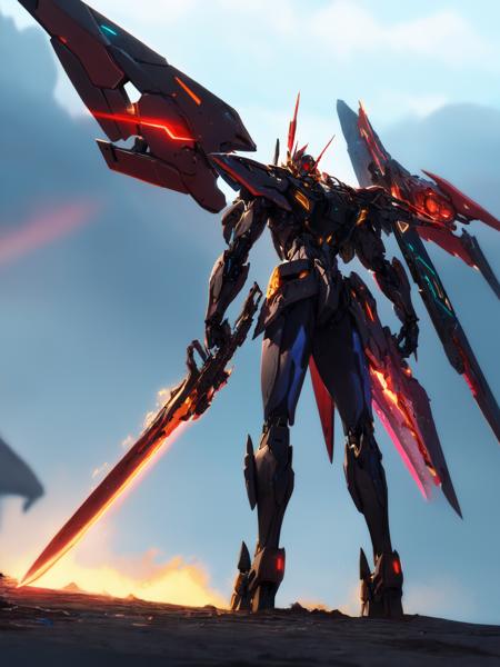 dramatic angle,dynamic angle,an extremely delicate and beautiful mecha, 8k wallpaper,masterpiece,best quality,illustration,mecha,black+gold mechanical body, science_fiction, glowing, holding_gun, no_humans, realistic, red_eyes, solo, open_hand, wings, full_body, mechanical_wings, standing, glowing_eye, weapon, cloud, glowing_eyes, jet, day, sword,flying,sunbeam, sunlight,realistic, broken,dust,smoke