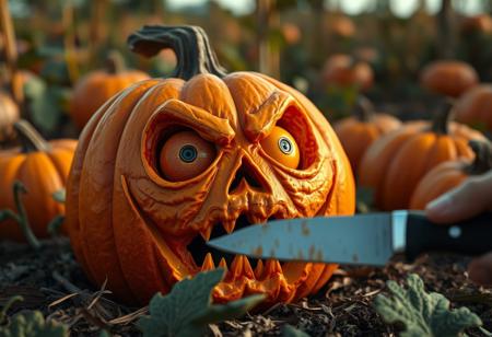 A pumpkin in the hendry Pumpkin Patch screams out in fear as a carving knife is about to cut him. The pumpkin's eyes are huge and one has popped out and he is steaming mad at the knife. A pumpkin terrified of knife and his face has look of terror and anger with his big eyes wide open and one eye is popping out. Intricate and detailed in the style of Flo 'n Images.
Modifiers:trending on Artstation sharp focus ultrarealistic cinematic composition VRay Surrealism text12dream crisp realism 8 K 3D highly detailed 64K, UHD, HDR, HQ  k 4K 3D