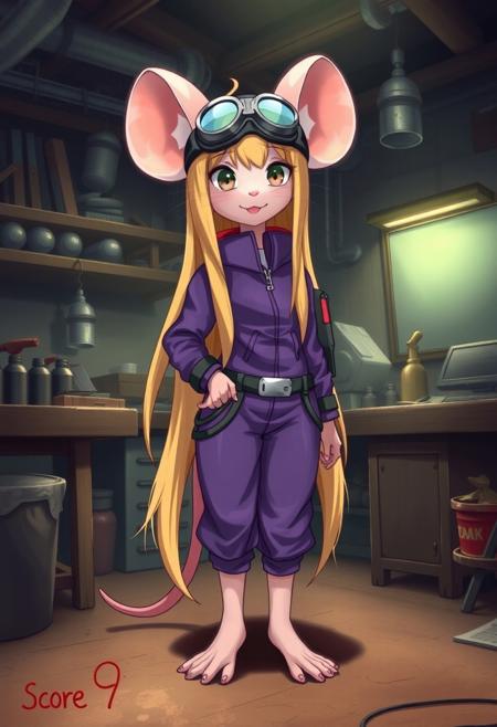 score_9, score_8_up, score_7_up, score_6_up, score_5_up, score_4_up, detailed background, indoors, workshop, full body view, mouse feet, barefoot, mouse girl, anthro Mouse girl, long blond hair, mouse tail, one tail, goggles on head, gadget_hackwrench, purple mechanic suit, smile, front view, white fur, detailed fur