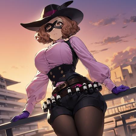 1girl, okumura haru, hat feather, pink shirt, purple gloves, vest, shorts, pantyhose, bandolier, domino mask, long sleeves, belt, underbust, beautiful sunset, masterpiece, latest, best quality, latest <lora:haru_xl_a3-000024:1>