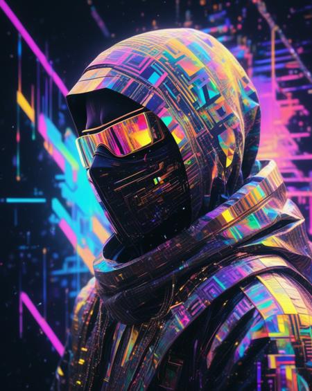 Illuminated ninja in the style of golden glitched rainbow. Snow is falling as holographic colored baroque geometric patterns float around the canvas in the style of colorful digital art. The image has a cyberpunk aesthetic with a glitchy distortion and psychedelic color palette. Black background, neon lights, glitch art, surrealism, high contrast, vibrant colors, psychedelic patterns, ethereal glow. The overall mood should be one of spiritual contemplation and otherworldly beauty. It's like something in the style of science fiction.