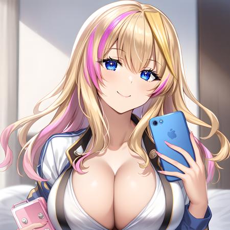 fuyuki(galyome) blonde hair, long hair, blue eyes, streaked hair, pink hair, large breasts