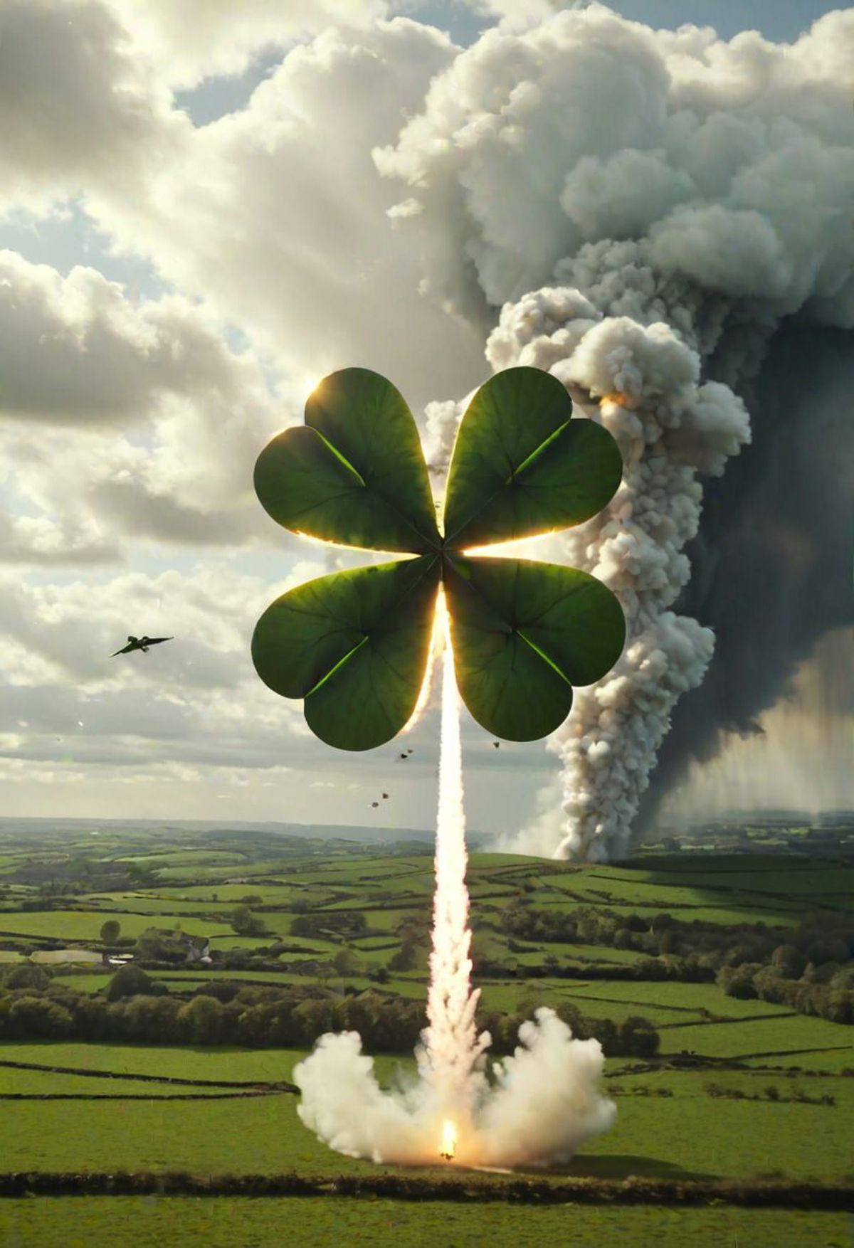 dynamic action shot, spaceship shaped like a four-leaf clover launching skyward, trails of smoke and fire, lush Irish coun...