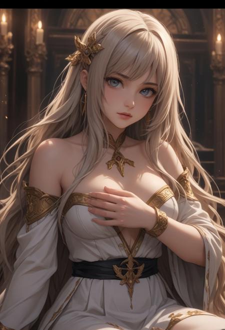 score_9, score_8_up, score_7_up, score_6_up, dynamic, (anime, masterpiece), best quality, (8k), detailed background, sharp focus, intricate, ambient lighting, super high quality, hyper detailed background, cinematic lighting, adult, double tone long hair, medium breasts, verybadimagenegative_v1.3, priestess, sitting, teasing, nip slip