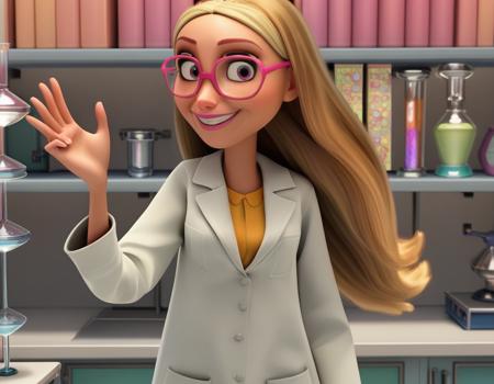 <lora:honey-lemon-movie-ponyxl-lora-nochekaiser:1>, honey lemon, long hair, blonde hair, 3d, glasses, pink-framed eyewear, coat, labcoat, white coat, dress, pantyhose, helmet, android, robot ears,