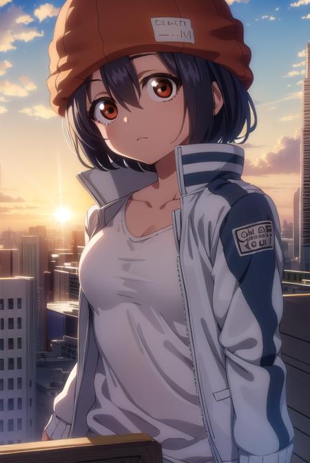 fuukoizumo, <lyco:fuuko izumo s1-lyco-nochekaiser:1>,
fuuko izumo, black hair, hair between eyes, (brown eyes:1.5), short hair,
BREAK shirt, white shirt, jacket, open jacket, pants, denim, beanie, (red beanie:1.2),
BREAK outdoors, city, sky, clouds, sun,
BREAK looking at viewer, (cowboy shot:1.5),
BREAK <lyco:GoodHands-beta2:1>, (masterpiece:1.2), best quality, high resolution, unity 8k wallpaper, (illustration:0.8), (beautiful detailed eyes:1.6), extremely detailed face, perfect lighting, extremely detailed CG, (perfect hands, perfect anatomy),