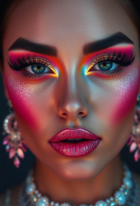 high-definition, glowing highlighter, neon eyeshadow, (overexposed:-1), dynamic lighting, close-up face, heavy contouring, (lowres:-1), (dull:-1), extreme glam, (subtle makeup:-1), rhinestone embellishments, (blurry:-1), vivid blush, (sharp focus), (muted colors:-1), (flat lighting:-1), bold colors, glitter lips, studio lighting, maximalist makeup, (good anatomy:1.4), perfect skin, ultra-realistic, beauty photography, detailed textures, cinematic, dramatic eyeliner, (high-fashion makeup:1.2), vibrant colors, overlined lips, (bad anatomy:-1.4), (high resolution:1.3), surreal beauty, hyperrealistic, (oversaturated:1.2), exaggerated glow, piercing eyes, bold contours, vibrant neon hues, reflective textures, iridescent highlights, shimmering face jewelry, maximal embellishments, glossy skin, exaggerated cheekbones, over-the-top makeup artistry, intricate eye details, multi-layered contouring, excessive glam, intense blush, glowing from every angle, highly polished, magazine cover quality, photo-ready perfection, absurd detail level, almost otherworldly glow, ultra-luxurious makeup application, layers of vivid color