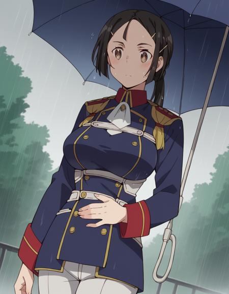 bianca, black hair, hair ornament, brown eyes, hairclip, ponytail, large breasts, pants, uniform, military, military uniform,