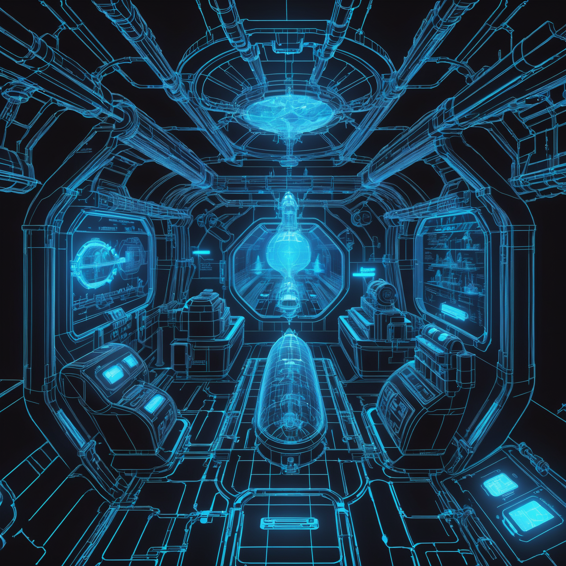 glowing blue on black 3d wireframe, diagram, cyberpunk, noon, scenery, Mad Scientist Echoing canyon by a interior of a sub...