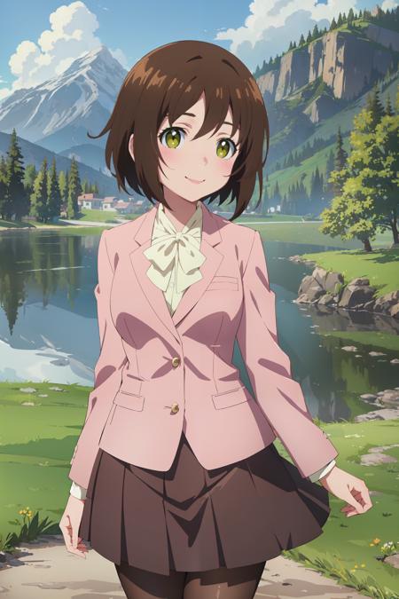 (masterpiece, best quality:1.4), looking at viewer, cowboy shot, smile, blush, aiko hatayama, short hair, brown hair, green eyes, school uniform, pink jacket, bow, skirt, pantyhose, black footwear, outdoors, nature, <lora:aiko_hatayama_v1:0.8>