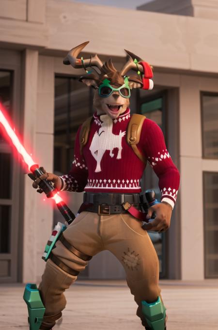 <lora:Fortnite_Dolph-000090:0.7>, looking at viewer, best quality, volumetric lighting, outside, cgi, 3d, octane render, ambient occlusion, Fortnite_Dolph, posing, Novelty Glasses, Christmas Sweater, Belt, Christmas Stocking, Christmas Lights, Candycane, Pistol Holster, Christmas Ball Ornament, Khaki Pants, Shin Guards, Boots, Widow's Promise, Sword, (((smiling, mouth open, lightsaber, shopping mall)))