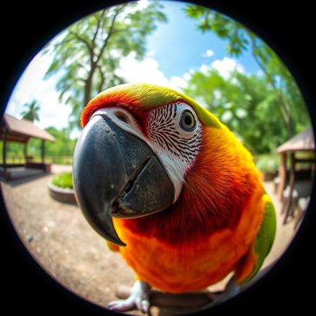 a parrot looking to the lens, fisheye lens fx,fele