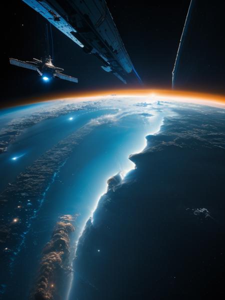<lora:Space_Worlds_02_Dark_sdv1:1> sw02d_sd, in space, water planet, space nebula, planet decay, cyberpunk city, clouds, design,
