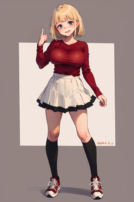 (best quality, masterpiece:1.2), detailed eye, intricate detail, depth of field, 1girl, happy, standing, full body,  (simple background:1.2), red shirt, skirt, kneehighs, sneakers, blonde, freckles, ( large breasts:1.2)  <lora:Squeezer:1.5>