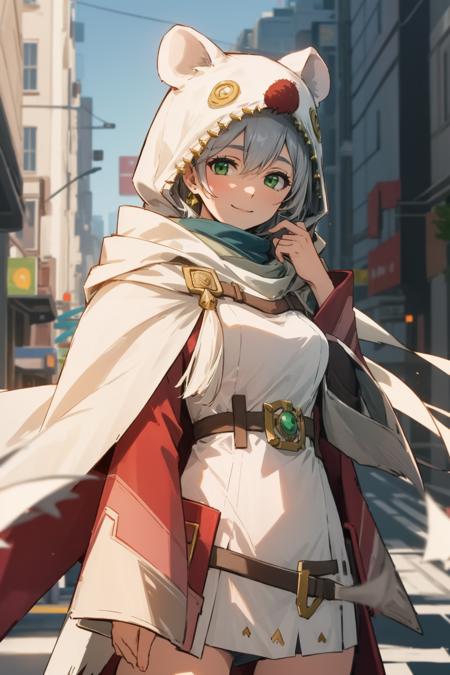 masterpiece, best quality, elie macdowell, green eyes, white dress, red coat, mooglesuit, animal hood, white cloak, looking at viewer, smile, city street<lora:mooglesuit-nvwls-v1:1.0>   <lora:elie-nvwls-v1:0.9>