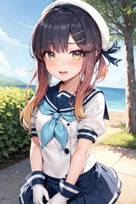 <lora:TsushimaKancolle:1>, 1girl. solo,
tsushima \(kancolle\), purple hair, orange hair, gradient hair, multicolored hair, sidelocks, yellow eyes,
school uniform, serafuku, white headwear, sailor hat, blue ribbon, hair ornament, hairclip, blue sailor collar, blue neckerchief, puffy short sleeves, white gloves, blue skirt, pleated skirt,
outdoors,