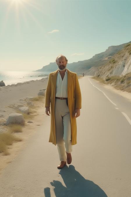 <lora:Director Yorgos Lanthimos style:1>Director Yorgos Lanthimos style - A character in a wes beatiful road + beach in background, general plan, Instagram, Professional Digital Cinematic Photography 50mm anamorphic lens flare, f 1. 8, photo realistic style, extremely detailed, cinematic lighting, depth of field, 8k, hyper realistic, ambient occlusion, photography,accent lighting, color grading, Lumen reflection, focus stacking, soft shadows, anamorphic lens flare, no contrast, visualization most artistic way, simple and photoreal, global illumination, octane render,