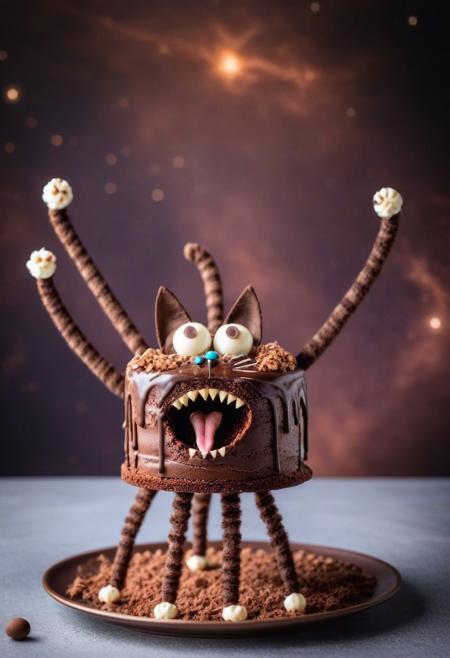 an expressive chocolate cake, detailed, perfect composition, googly eyes, sharp chocolate teeth, chocolate cat with extra long legs, in space. Close up, blurry background.