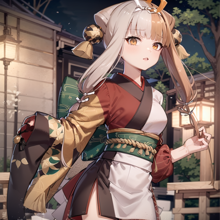 Izumo a very stylized asian girl dressed as a geisha standing in an outdoor area, split-color hair, 1girl, solo, multicolored hair, japanese clothes, two-tone hair, brown hair, long hair, Izumo,