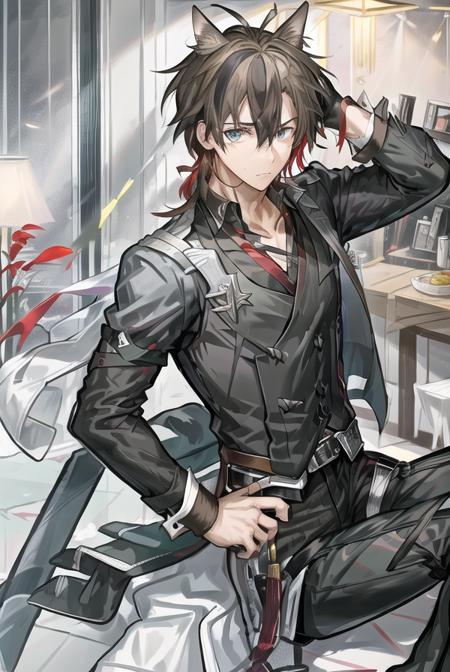 <lora:baitie:0.58>,1boy,(cat ears),((big aqua_eyes)),blue_eyes, brown_hair, (streaked_hair),  (bare shoulders), (abs), collarbone, collarbone,male_focus,black_necktie,black_gloves,red_shirt,gray_pants,broken_cup,butter_knife,chair,city_lights,drinking_glass flower fork formal glass,gloves,hand_up,jewelry,knife,lamp,lapels,long_sleeves,looking at viewer,looking_to_the_side,male_focus,night,,plant,plate,pocket_square,ponytail,potted_plant,red_rose,shawl_lapels,short_hair,sidelocks,sitting,solo,god rays