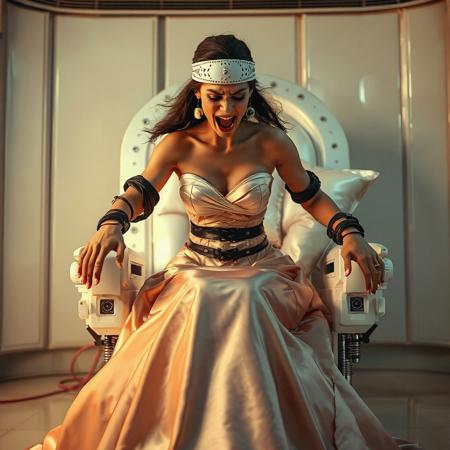 A slender, arrogant bride, dressed in a luxurious, rich fantasy satin wedding gown with a fitted, boned corset and a full, flared skirt, paired with satin high heels, struggles to break free from her restraints, her face contorted in a scream of desperation. The brainwashing headband, is secured to her temples, connected to a vintage CDC6000 supercomputer looming in the shadows. Her hands and ankles are bound to a biomechanical white chair, adorned with wet-look glossy pearl pillows, by massive steel restraints, accentuating her ultra-thin waist. The scene is set in a sterile, empty chamber, with a glossy mother-of-pearl finish, evoking a sense of futuristic dread. Inspired by the cinematic styles of Ridley Scott, Guillermo del Toro, and H.R. Giger, with a blend of sci-fi and horror elements, this full-body portrait is a masterpiece of cinematic storytelling, shot on a virtual v-raptor XL camera, with a warm, film-grained aesthetic, subtle vignette, and rich color grading, reminiscent of 35mm film, with dramatic, atmospheric lighting, inviting the viewer to immerse themselves in this epic, stunning scene.
