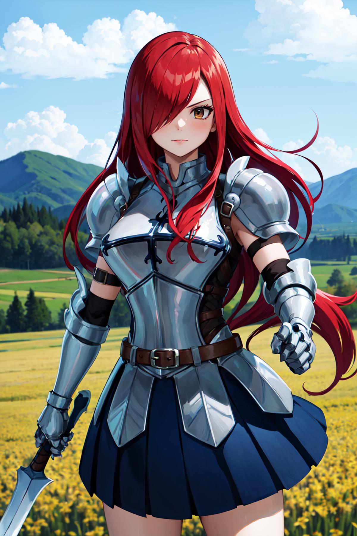 Anime art of a woman in armor standing in a field.