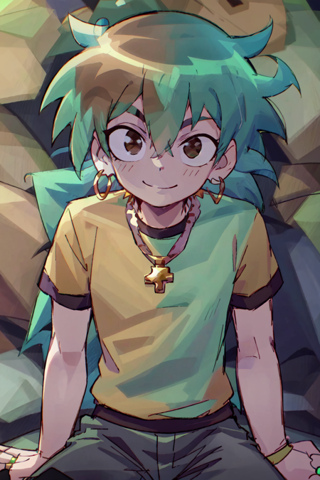 scottpilgrim style, 1boy, brown eyes, earrings, green hair, fluffy eyes, hair between eyes, jewelry, long hair, looking at viewer, male focus, necklace, pants, ring, shirt, sitting, smile, solo, <lora:ScottPilgrim:1>