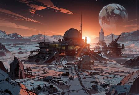 Aerial view, looking down upon a massive lunar crater several kilometers wide. A scientific research station, almost a futuristic city, stands in the middle of this vast lunar basin. Large boulders and small rocky spurs are scattered throughout the landscape.
The station’s architecture is sleek and harmonious, made of glass and steel. A grand building with a colossal astronomical observatory dome dominates the other structures. Multiple platforms host residential and research facilities, with scattered lights, intricate staircases, and numerous antennas. The crater’s edge is clearly visible several kilometers away.
In the foreground, smaller research domes, pipelines, conduits, and enormous extraction machines create a scene of intense activity across the plain. Behind the station, an astroport features a rocket on its launch pad. The sky is brilliantly illuminated as the sun begins to set, casting an orange and bluish glow over the frozen city. The air is frigid, with ice crystals drifting in the wind, lifting snow and dust just above the ground. In the vastness of space, Earth can be seen setting on the horizon.