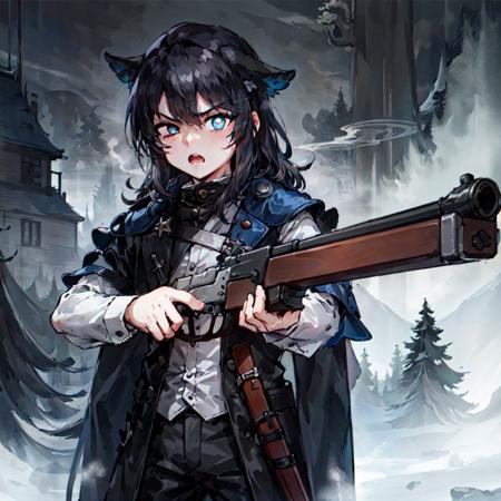 Masterpiece, high quality, (leveraction:1.2), antique firearm, stock, 1boy, black hair, long hair, flowing hair, white pupils, blue eyes, glowing eyes, cloak, aiming at viewer, one eye closed, detailed face, bangs, dust, smoke, fog, holding weapon, trigger discipline, dark, angry, tall, lean <lora:leveractionrifle-AOM2:0.8>