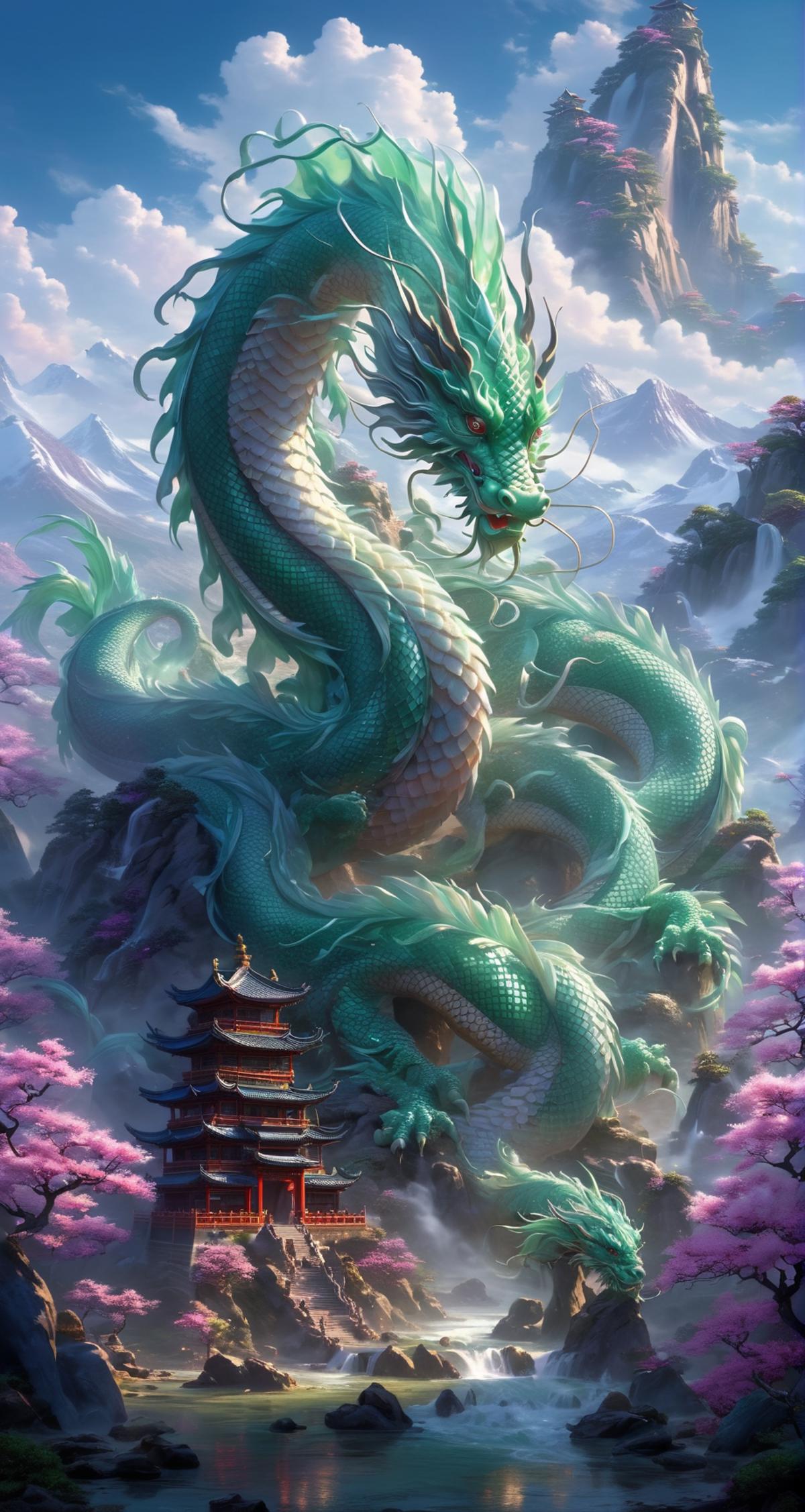 A large green dragon with a purple background, in front of a pagoda.