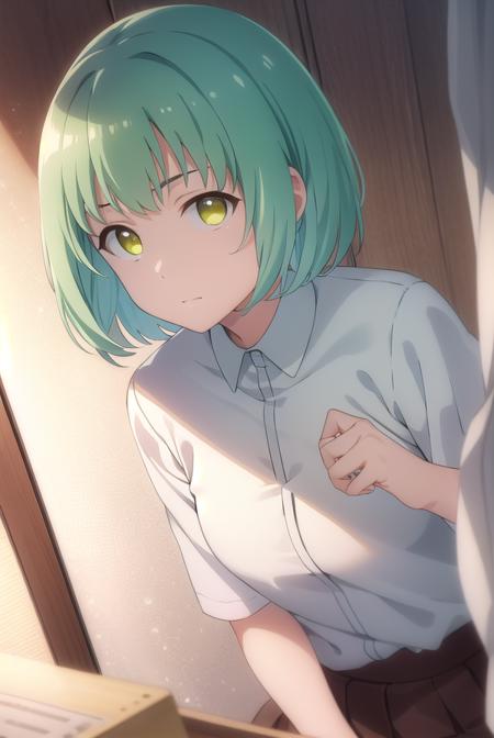 yukikusakabe, <lora:yuki kusakabe s1-lora-nochekaiser:1>,
yuki kusakabe, short hair, (yellow eyes:1.2), green hair,
BREAK skirt, shirt, school uniform, white shirt, pleated skirt, brown skirt,
BREAK indoors, classroom,
BREAK looking at viewer,
BREAK <lyco:GoodHands-beta2:1>, (masterpiece:1.2), best quality, high resolution, unity 8k wallpaper, (illustration:0.8), (beautiful detailed eyes:1.6), extremely detailed face, perfect lighting, extremely detailed CG, (perfect hands, perfect anatomy),