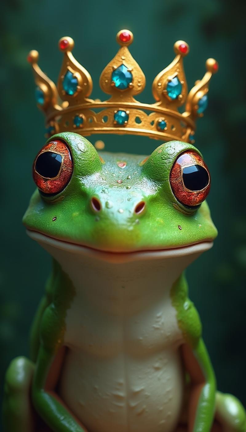 breathtaking ((best quality)),((masterpiece)),illustration,score_9,score_8_up, score_7_up, score_6_up, score_5_up, score_4_up,Create a close-up, highly detailed image of a frog with a regal and dignified expression, wearing a golden crown adorned with jewels. The frog should have a calm and wise demeanor, with large, reflective eyes that add a sense of depth and intelligence. The crown should be intricately designed, fitting perfectly on the frog's head, enhancing its royal appearance. The background should feature a gradient of dark green and teal, creating a mystical and enchanting atmosphere, as if the frog is a character from a fairytale or fantasy world. The overall style should be realistic with a touch of whimsy, evoking a sense of majesty and wonder