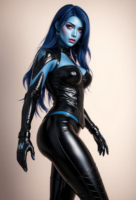 A photo of a beautiful tall, powerful dominatrix wearing latex outfit widowmaker from overwatch, blue skin, the girl has light blue slightly violet skin color, long dark blue hair, bedroom eyes, large breasts, yellow eyes, very tight latex, , perfect slim body, very thin waist, small waist, wide hips, narrow shoulders, flirting, sexy pose, latex gloves, latex thigh high stockings, shiny latex, glossy latex, black latex, layered latex, revealing latex, showing hips, tall dominatrix, looking down at viewer, hand outstretched, finger and thumb in shrinking sign, finger and thumb in tiny sign