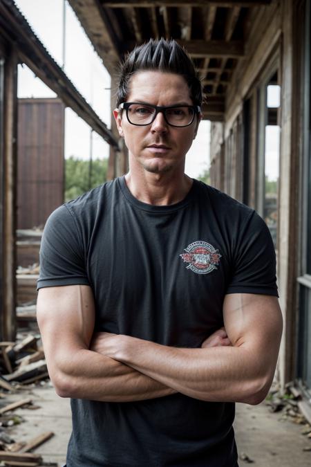 ga_zakbag, male, black hair, thick rimmed glasses, muscular, arms crossed, 
looking at viewer, from front, serious expression, arm tattoos
(dusk, abandoned building, eerie, darkness:1.1), 
professional photograph taken with a Canon EF 85mm F/1.8 USM