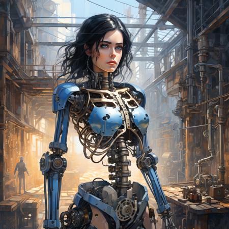 Masterpiece,illustration,8K wallpaper,super detailed,portrait,(full body),((damaged)),dissection,(1 girl:1.5),(solo),(Machine Skeleton),black hair,Medium breasts,Beautiful detailed blue eyes,(Mechanical (heart)),(Wire),(Transmission tube),mecha Machine Skeleton,natural light,light tracing,steampunk city,
2d game scene,oil and watercolor painting,<lora:Retro_Illustration:1>,