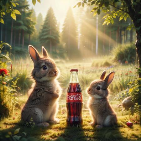 kekokelev2, a rabbit sitting next to a coca cola bottle in a field of grass and flowers with a sun shining behind it, no humans, rabbit, coca-cola, animal focus, animal, plant, outdoors, signature, bottle, nature, grass, tree,
Best quality,masterpiece,ultra high res,<lora:20231217-1702820058385-0020:0.7>,