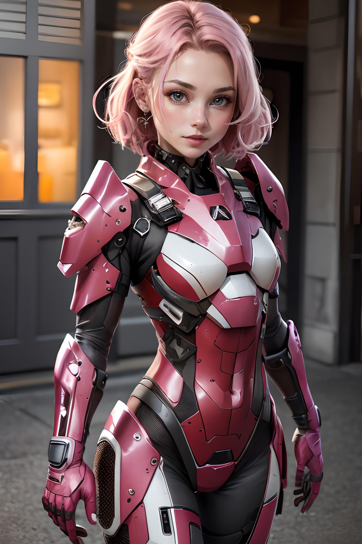 The image features a pink, white, and black female character wearing a futuristic armor suit. She is standing in front of a building, posing confidently with her arm extended. The character appears to be an animated or CGI figure, possibly from a video game or other digital media. The combination of the armor and the character's confident stance creates an intriguing and visually appealing scene.