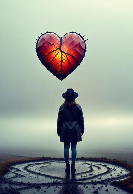 8K analog photo, The Back silhouette of a person standing alone and lonely in the rain, wearing hat, a Cracked large heart floating in the background, minimalist,