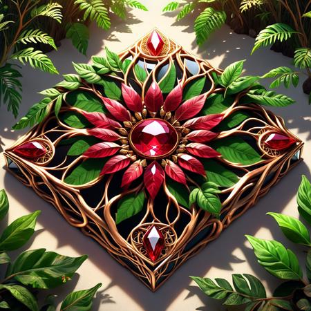 aesthetic, masterpiece, beautiful, elegant, award winning, absurdres, hdr, best quality, bloom, radiance from leafs, ruby gem at center, leafs, plants spread out from center ,PG-TR, symmetrical, geometric, shiny, sparkle, glass, gl4ssj3m, still life,