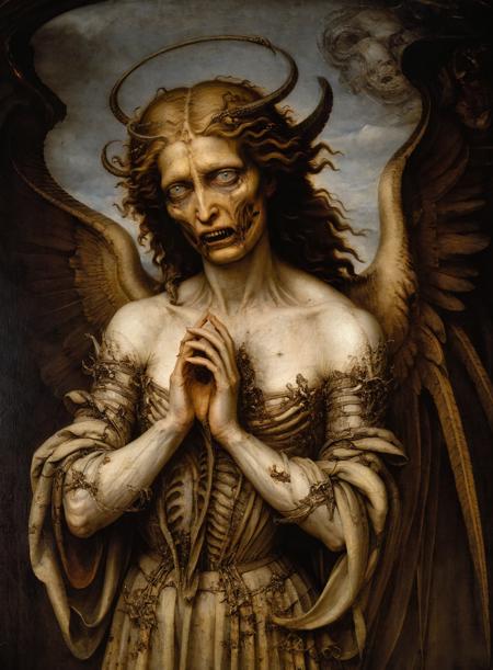 a renaissance painting of an angel,<lora:g1g3r:1>,horror,dreadful,
