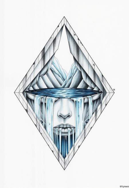 architectural style diamond Face in the diamond, waterfalls pouring out of the eye sockets. The texture of the diamond on your face. there's a lake down there.
 <lora:Elden_Ring_-_Yoshitaka_Amano:1> <lora:Midjourney_-_SemiReal_Dreams_FLUX_LoRA:1> . clean lines, geometric shapes, minimalist, modern, architectural drawing, highly detailed