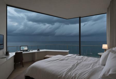 Bedroom, sleek apartment, large windows, sea, beach, thunderstorm outside, dark clouds, evening, lamp light, iMac, coffee