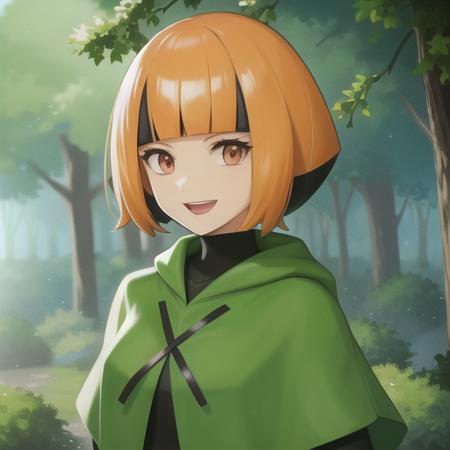 <lora:character_pokemon_gardenia_v1:0.5> forest, 1girl, character_pokemon_gardenia, solo, portrait, looking at viewer, smile, open mouth, poncho, cropped shirt, long sleeves